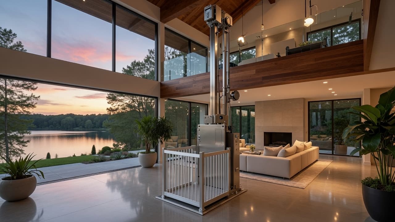 A lakeside great room at sunset with a cargo lift serving the mezzanine level.