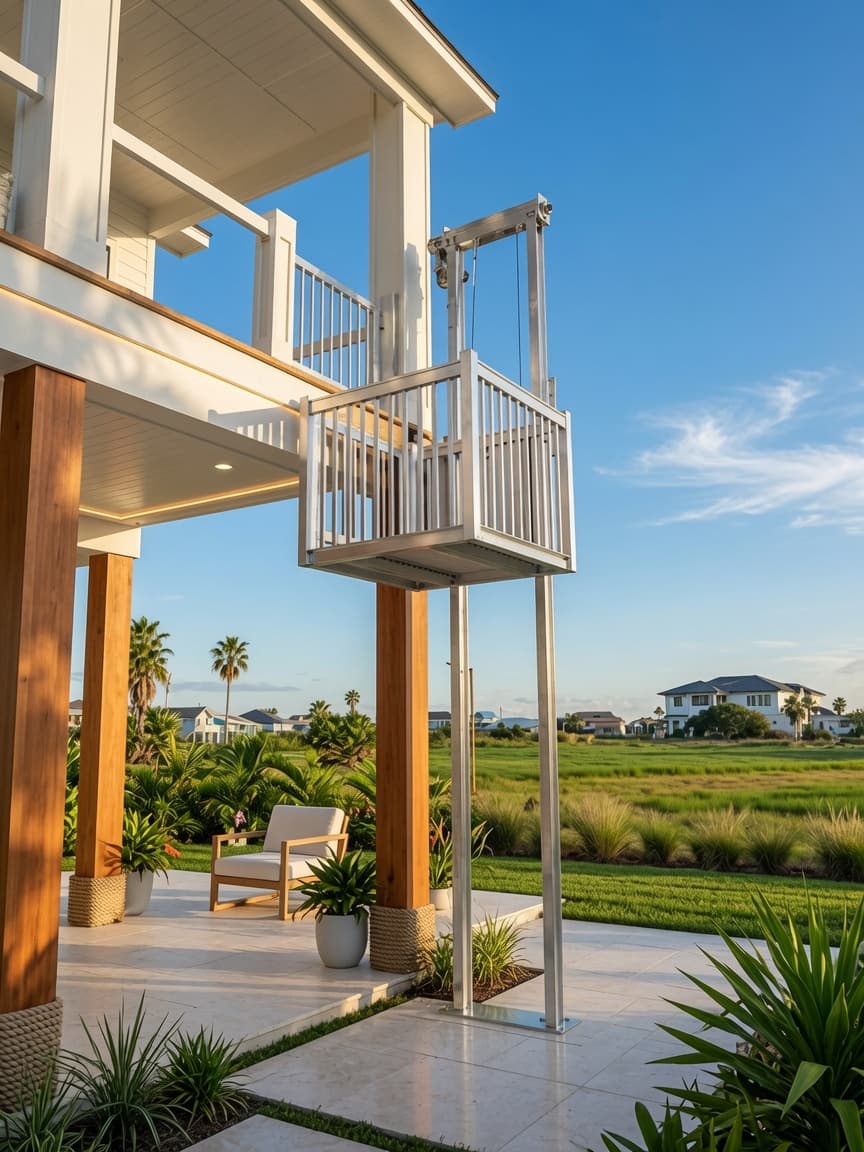 A white cargo lift rising past the porch of a coastal home, palm trees and marsh grass beyond.