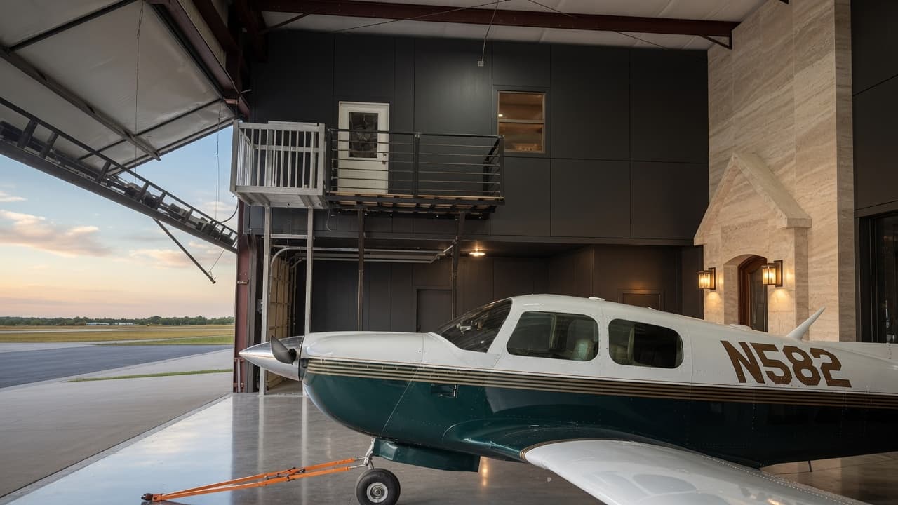 A hangar home with a cargo lift reaching a second-floor office above a parked light aircraft.